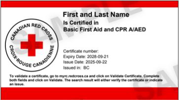 Red
Cross BFA certificate